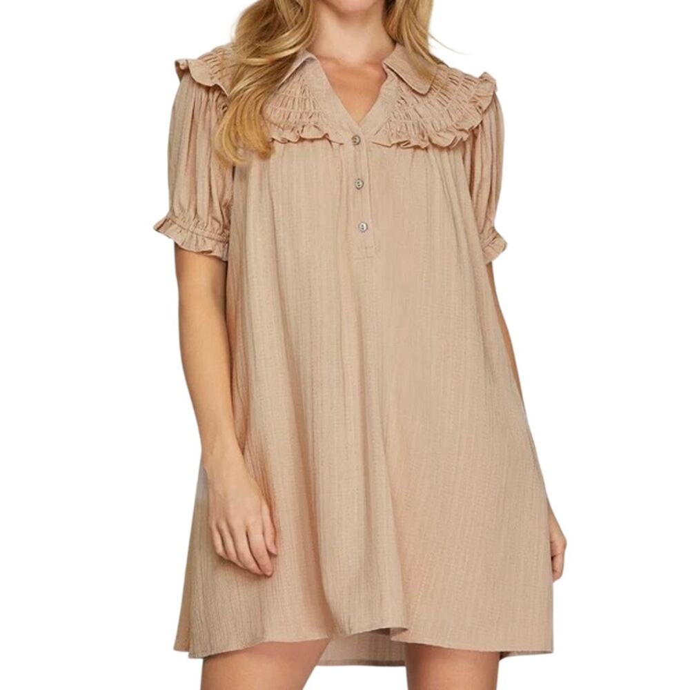 NWT She + Sky Tan Babydoll Collared Ruffle Textured Mini Dress Size L